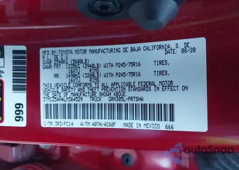 2020 Toyota Tacoma Sr5 V6 из США, поврежденный, VIN 3TMCZ5AN4LM364529